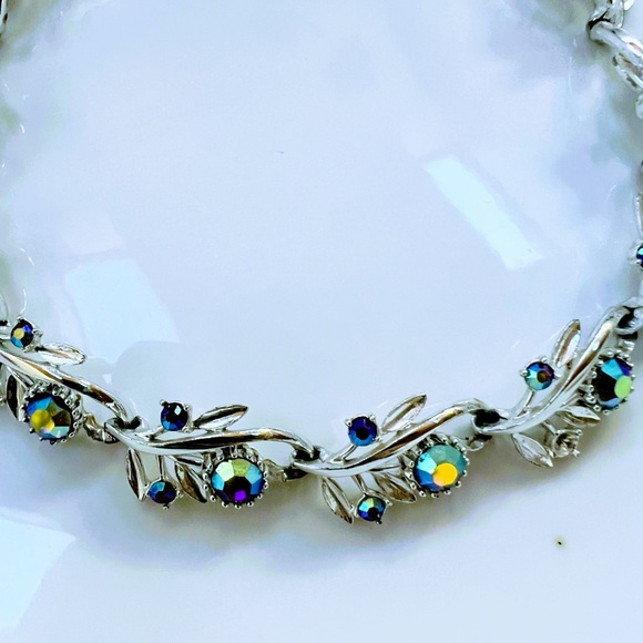 VTG SIGNED CORO BLUE, GREEN AURORA BOREALIS RHINESTONE SILVER CHOKER NECKLACE - Picture 2 of 7